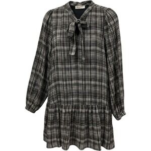 Doe and Rae Plaid Tie Neck Mini Dress Black White Long Sleeve Ruffle Hem Small